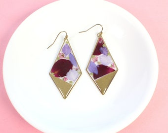 Pressed flower dangle earrings, large resin botanical jewelry, handmade, dried wildflower, brass, burgundy rose petals purple nature gift