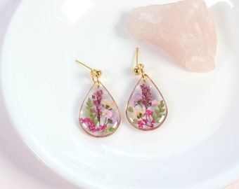 Wildflower earrings, pressed flower dangles, resin jewelry, handmade botanical teardrop studs, pink, purple, gold, silver, nature gift