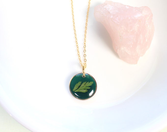 Green fern leaf pendant necklace, small dainty handmade resin jewelry, deep dark emerald, nature lover gift, minimalist, plant, botanical