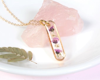 Dainty Pressed Flower Oval Gold Bar Necklace, Purple, White, Dried Flower Necklace, Resin, Handmade Plant Necklace, Bridesmaid, Gift for Her