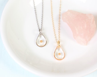 Mustard seed necklace, small teardrop pendant, faith necklace, Christian jewelry, mustard seed jewelry, clear resin, 14k gold filled, silver