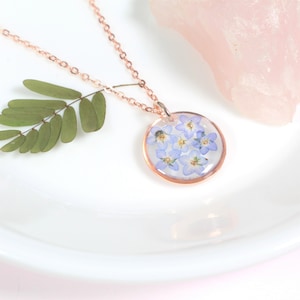 Small Forget me not Necklace, Pressed Flower Jewelry, Real Dried Flowers, Resin, Tiny Forget-Me-Not Flowers, Rose Gold, Handmade, Dainty