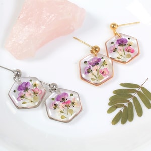 Real Pressed Flower Dangle Earrings, Hexagon Bouquet Ball Post Studs, Resin Dried Flower Jewelry, Geometric Plant Handmade, Botanical Nature