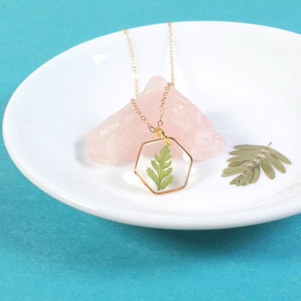 Real Fern Leaf Necklace, Small Hexagon Resin Jewelry, Pressed Flower Necklace, Handmade Fall Jewelry, Plant Lover Gift Dainty Nature Pendant