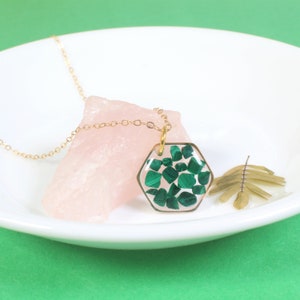 Malachite necklace, green gemstone crystal pendant, Small hexagon real resin stone jewelry, heart chakra, geometric handmade nature necklace