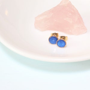 Small Modern Minimalist Blue Studs | Resin Post Earrings | Hypoallergenic Titanium | Geometric | Gold Circles, Bright Blue | Layering Accent
