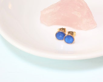 Small Modern Minimalist Blue Studs | Resin Post Earrings | Hypoallergenic Titanium | Geometric | Gold Circles, Bright Blue | Layering Accent
