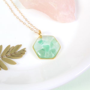 Aventurine necklace, small hexagon real gemstone jewelry, blue green pendant, stone crystal jewelry, handmade layering necklace, teal