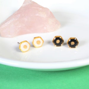 Mustard seed earrings, tiny hexagon stud earrings, hypoallergenic titanium, handmade gold faith jewelry, modern Christian gifts, religious image 6