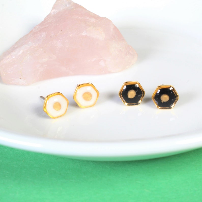 Mustard seed earrings, tiny hexagon stud earrings, hypoallergenic titanium, handmade gold faith jewelry, modern Christian gifts, religious image 6