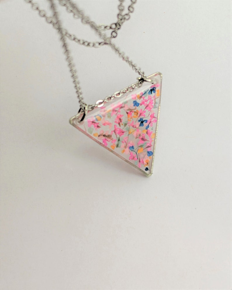 Light Pink Geometric Boho Orange Silver Triangle Necklace with Real Pressed Flowers in Bright Pink and Blue
