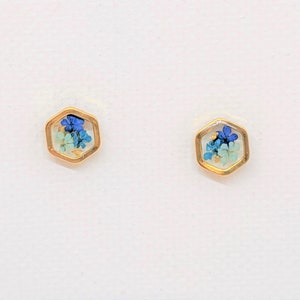 Tiny Real Pressed Flower Earrings, Gold Hexagons in Navy, Teal, Light Blue, Minimalist Studs, Pressed Flower Studs, Titanium posts, jewelry