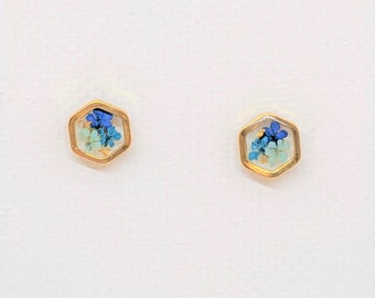 Tiny Real Pressed Flower Earrings, Gold Hexagons in Navy, Teal, Light Blue, Minimalist Studs, Pressed Flower Studs, Titanium posts, jewelry