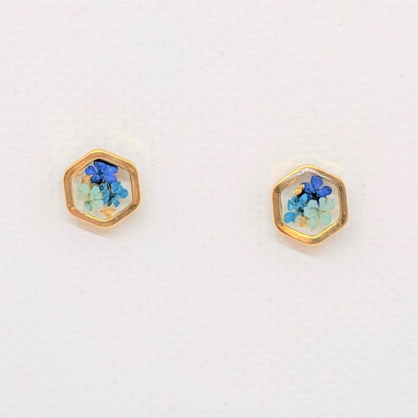 Tiny Real Pressed Flower Earrings, Gold Hexagons in Navy, Teal, Light Blue, Minimalist Studs, Pressed Flower Studs, Titanium posts, jewelry