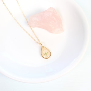 May include: A gold chain necklace with a teardrop-shaped pendant featuring a delicate white flower pressed inside clear resin.