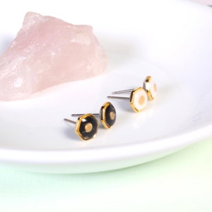 Mustard seed earrings, tiny hexagon stud earrings, hypoallergenic titanium, handmade gold faith jewelry, modern Christian gifts, religious image 2