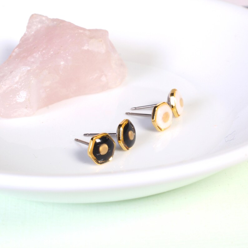 Mustard seed earrings, tiny hexagon stud earrings, hypoallergenic titanium, handmade gold faith jewelry, modern Christian gifts, religious image 2