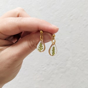 Tiny fern dangle earrings, small teardrop leaf studs, nature lover gift, resin real plant jewelry, pressed flower earrings, dainty, handmade image 1