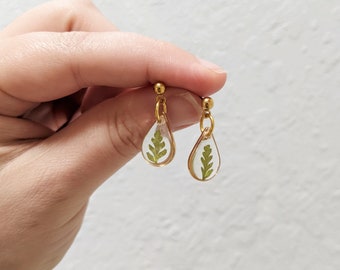 Tiny fern dangle earrings, small teardrop leaf studs, nature lover gift, resin real plant jewelry, pressed flower earrings, dainty, handmade