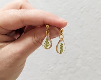 Tiny fern dangle earrings, small teardrop leaf studs, nature lover gift, resin real plant jewelry, pressed flower earrings, dainty, handmade