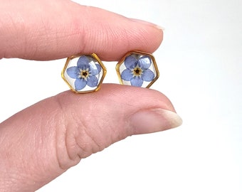 Parure Bijoux Myosotis - Collier Et Boucles D'oreilles, Fleurs Pressées, Acier Inoxydable