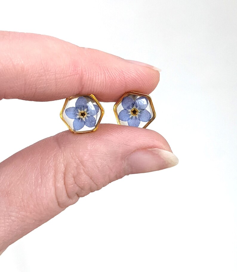 May include: A pair of gold hexagonal stud earrings with a single blue forget-me-not flower pressed inside each earring.