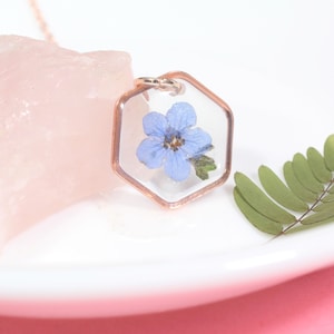 Forget me not Necklace, Pressed Flower Jewelry, Real Dried Flowers, Resin, Small Hexagon Forget-Me-Not, Handmade Gift for Loss