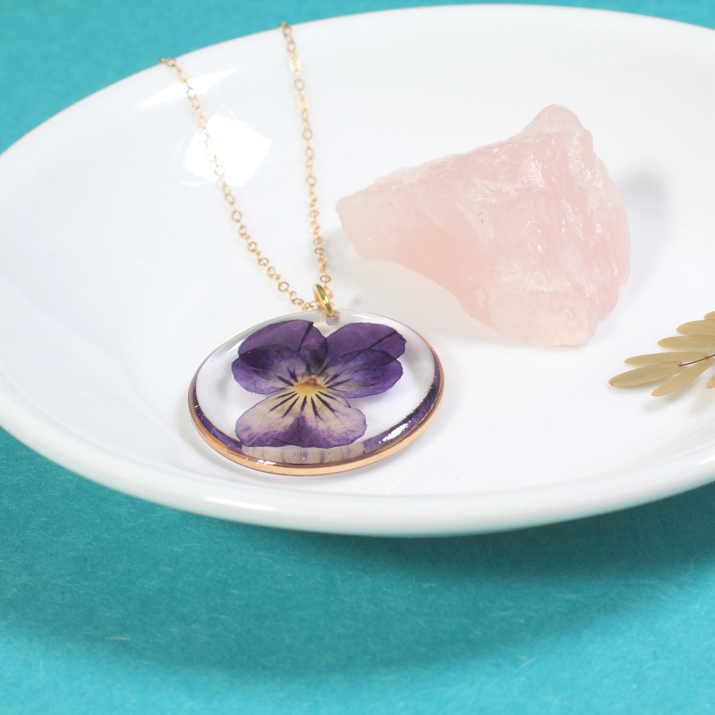 Vintage Violet Floral Pendant Necklace Gold Tone Purple