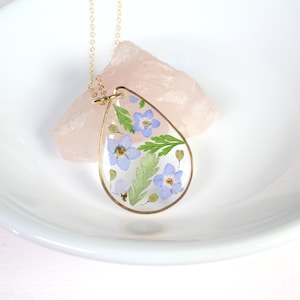 Pressed forget me not flowers and fern leaves resin handmade teardrop necklace
