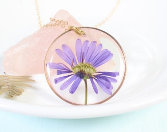 Gold Aster Necklace, September Birth Flower Jewelry, Dried Flower Resin Pendant Purple Pressed Flower Necklace September Birthday Gift