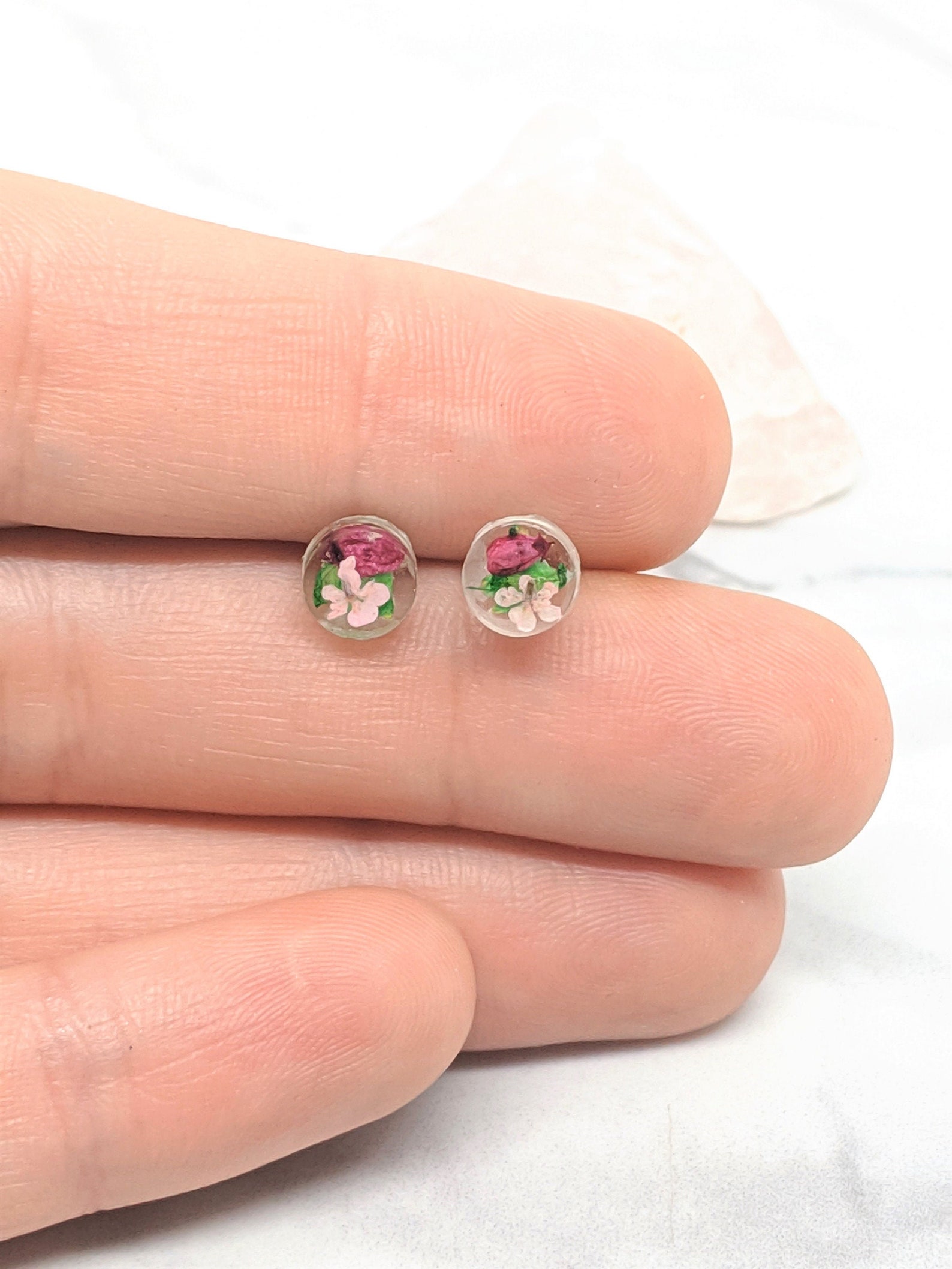 Pressed Flower Earrings, Teeny Tiny Post Earrings in Magenta, Light ...