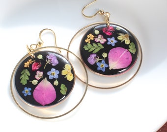 Pressed flower dangle earrings, colorful wildflower dangles, handmade dried botanicals resin jewelry, gold silver, plant lover, garden party