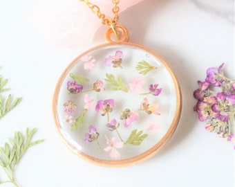 Pressed Flower Necklace, Dry Flower Jewelry, Real Flower Necklace, Purple Alyssum, Blush Pink Lace Flowers, Leaves, Pressed Flowers Pendant