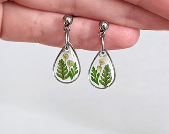 Tiny fern leaf earrings, plant dangles, nature lover gift, small mixed green leaf teardrop ball studs, gold, silver, handmade resin jewelry