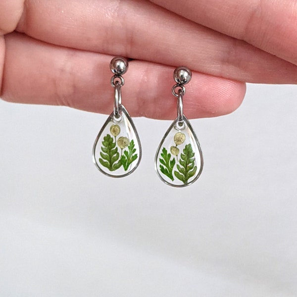 Tiny fern leaf earrings, plant dangles, nature lover gift, small mixed green leaf teardrop ball studs, gold, silver, handmade resin jewelry