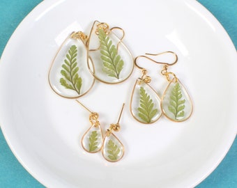 Fern Dangle Earrings, Pressed Leaf Teardrop Earrings, Real Plant Jewelry, Lightweight, Resin, Handmade, Pressed Flowers, Gold, Silver