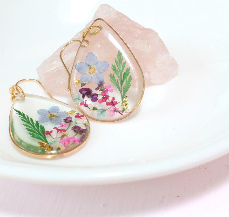 Teardrop Pressed Flower Earrings – Real Dried Flowers In Resin, Handmade Dangle Earrings For Women - View #4