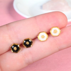 Mustard seed earrings, tiny hexagon stud earrings, hypoallergenic titanium, handmade gold faith jewelry, modern Christian gifts, religious image 5
