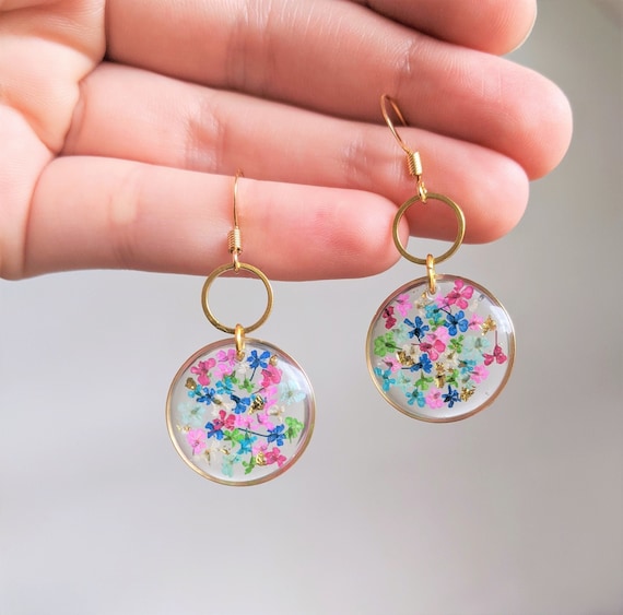 Pressed Flower Dangle Earrings Gold Circles Real Dried Flowers in Resin Pressed Flower Jewelry Real Flowers Jewel Tones Botanical Etsy