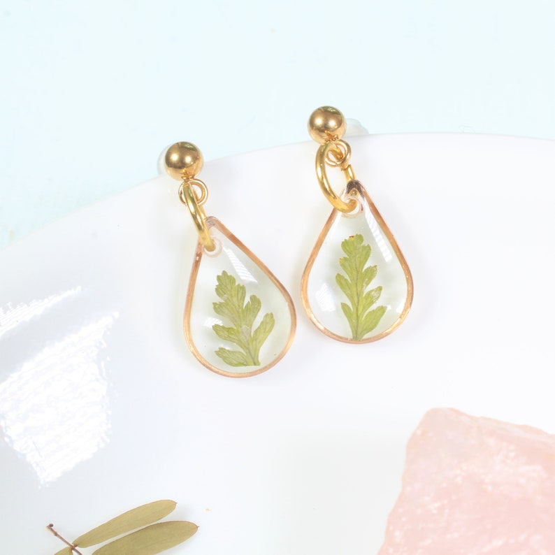 Tiny fern dangle earrings, small teardrop leaf studs, nature lover gift, resin real plant jewelry, pressed flower earrings, dainty, handmade image 2