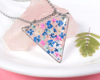 Silver Triangle Necklace with Real Pressed Flowers in Blue, Mint, and Bright Pink - Bohemian Geometric