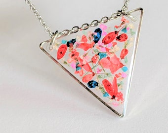 Silver Triangle Necklace with Real Pressed Flowers in Red, Navy, Pink, and Bright Blue - Bohemian Geometric