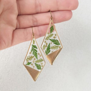 Fern earrings, mixed leaf pressed flower dangles, kite shaped brass, lightweight, real fern leaves, nature resin handmade holiday jewelry