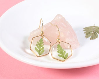 Real Fern Leaf Dangle Earring, Resin Plant Jewelry, Small Fern Earrings, Pressed Flower Earrings, Resin Nature Handmade Dried Flower Jewelry