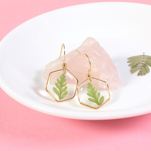 Real Fern Leaf Dangle Earring, Resin Plant Jewelry, Small Fern Earrings, Pressed Flower Earrings, Resin Nature Handmade Dried Flower Jewelry