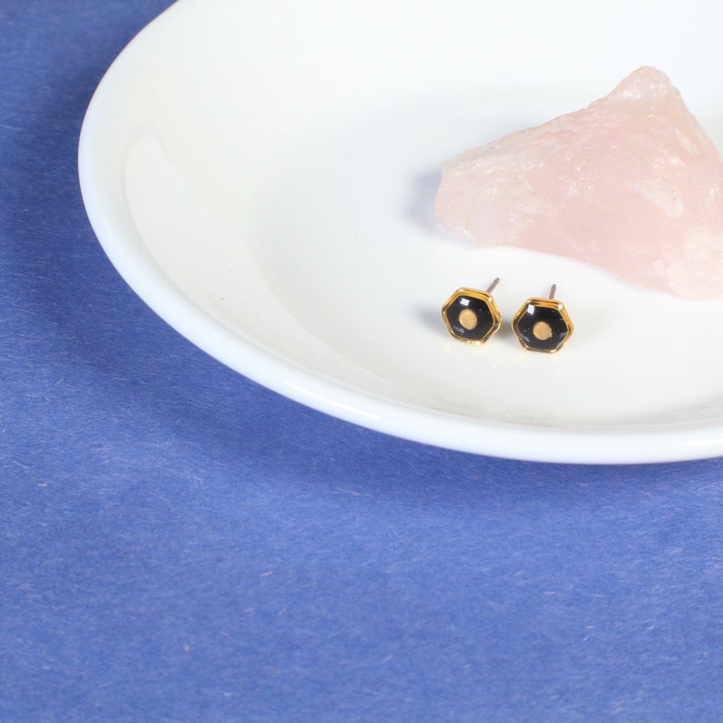 Mustard seed earrings, tiny hexagon stud earrings, hypoallergenic titanium, handmade gold faith jewelry, modern Christian gifts, religious image 4