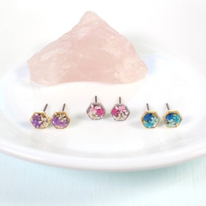 Tiny pressed flower studs, small hexagon resin earrings, handmade micro jewelry, dainty, titanium posts, minimalist, blue, pink, purple