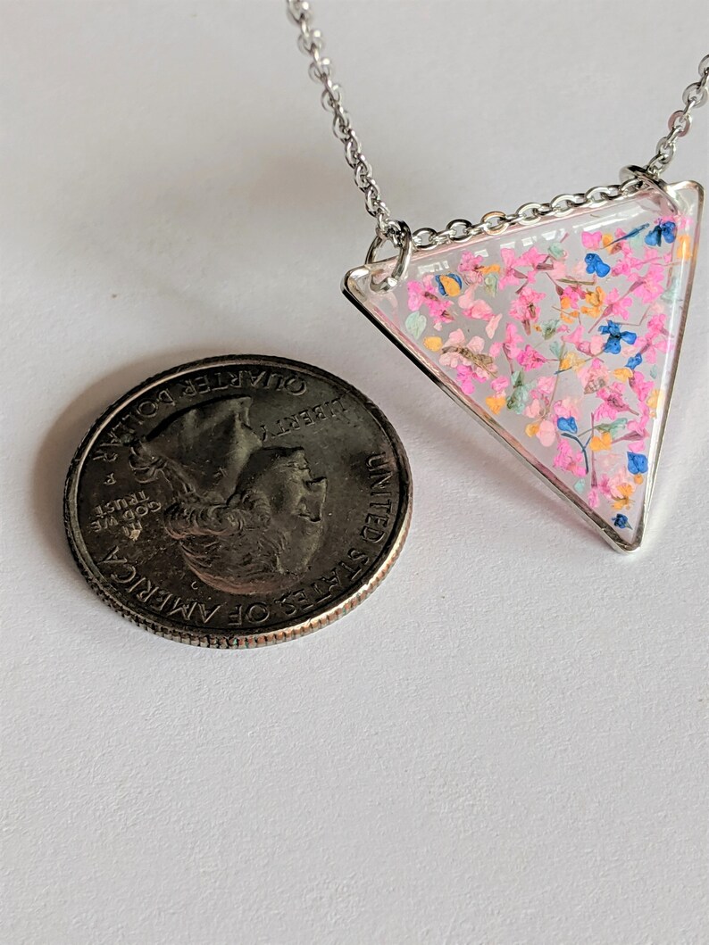Light Pink Geometric Boho Orange Silver Triangle Necklace with Real Pressed Flowers in Bright Pink and Blue