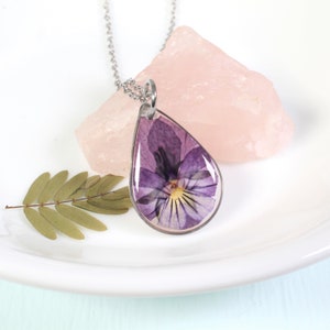 Violet necklace,  Small pressed flower pendant, real pansy viola, resin, handmade botanical teardrop necklace, February birth flower, nature