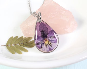 Violet necklace,  Small pressed flower pendant, real pansy viola, resin, handmade botanical teardrop necklace, February birth flower, nature